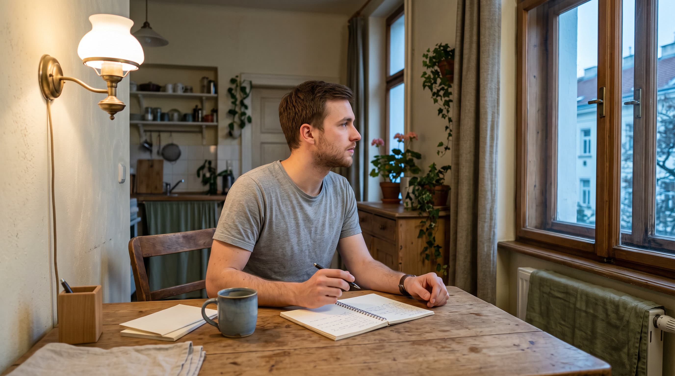 Ein Mann sitzt frühmorgens mit einem Notizbuch am Küchentisch einer Wiener Altbauwohnung und blickt aus dem Fenster.