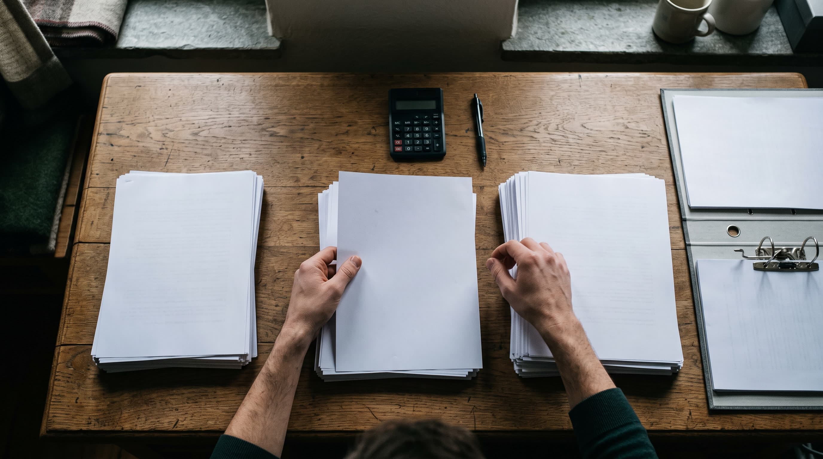 Aufsicht auf einen Schreibtisch mit drei Papierstapeln, Taschenrechner und offenem Ordner.