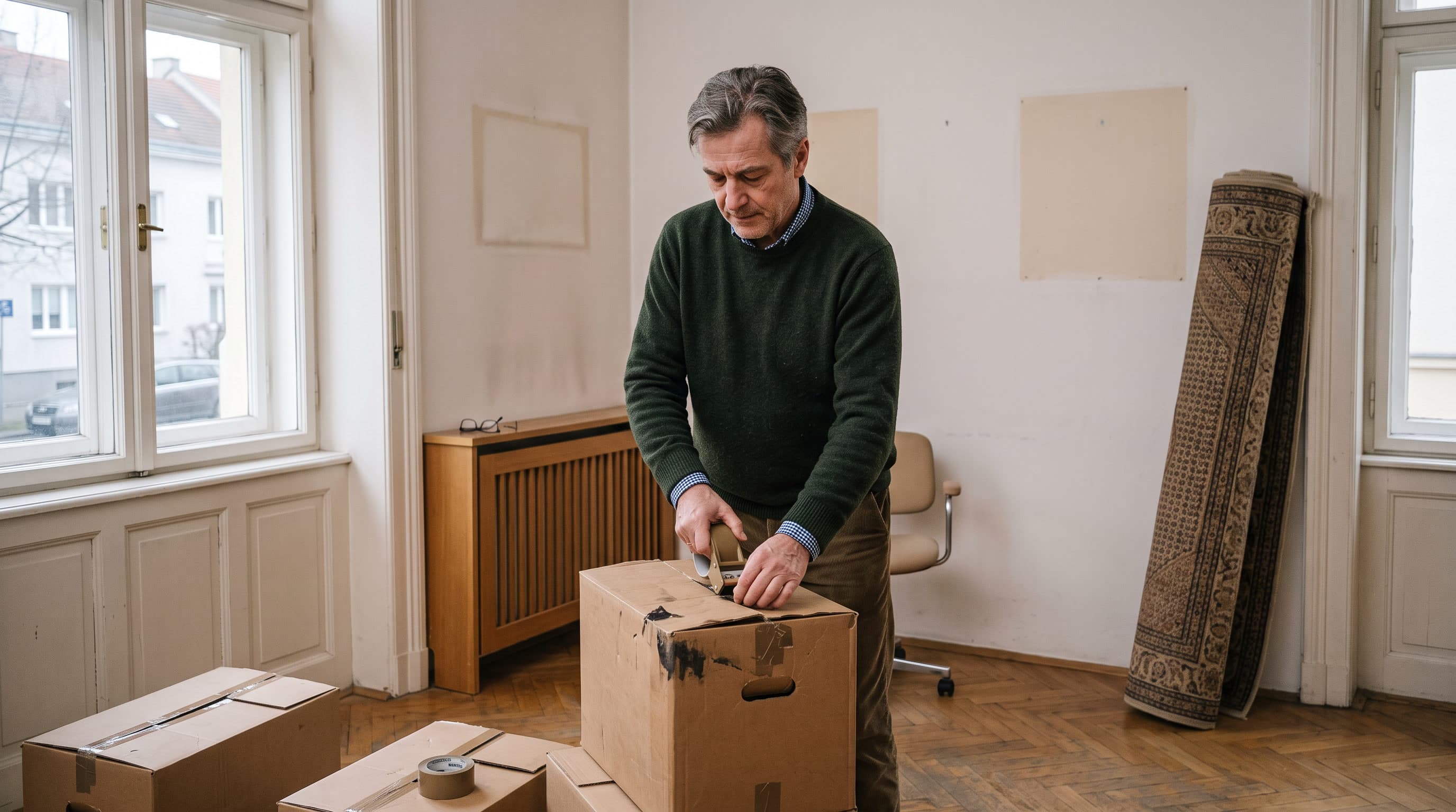 Ein Mann schließt in einem fast leeren Büro den letzten Karton.