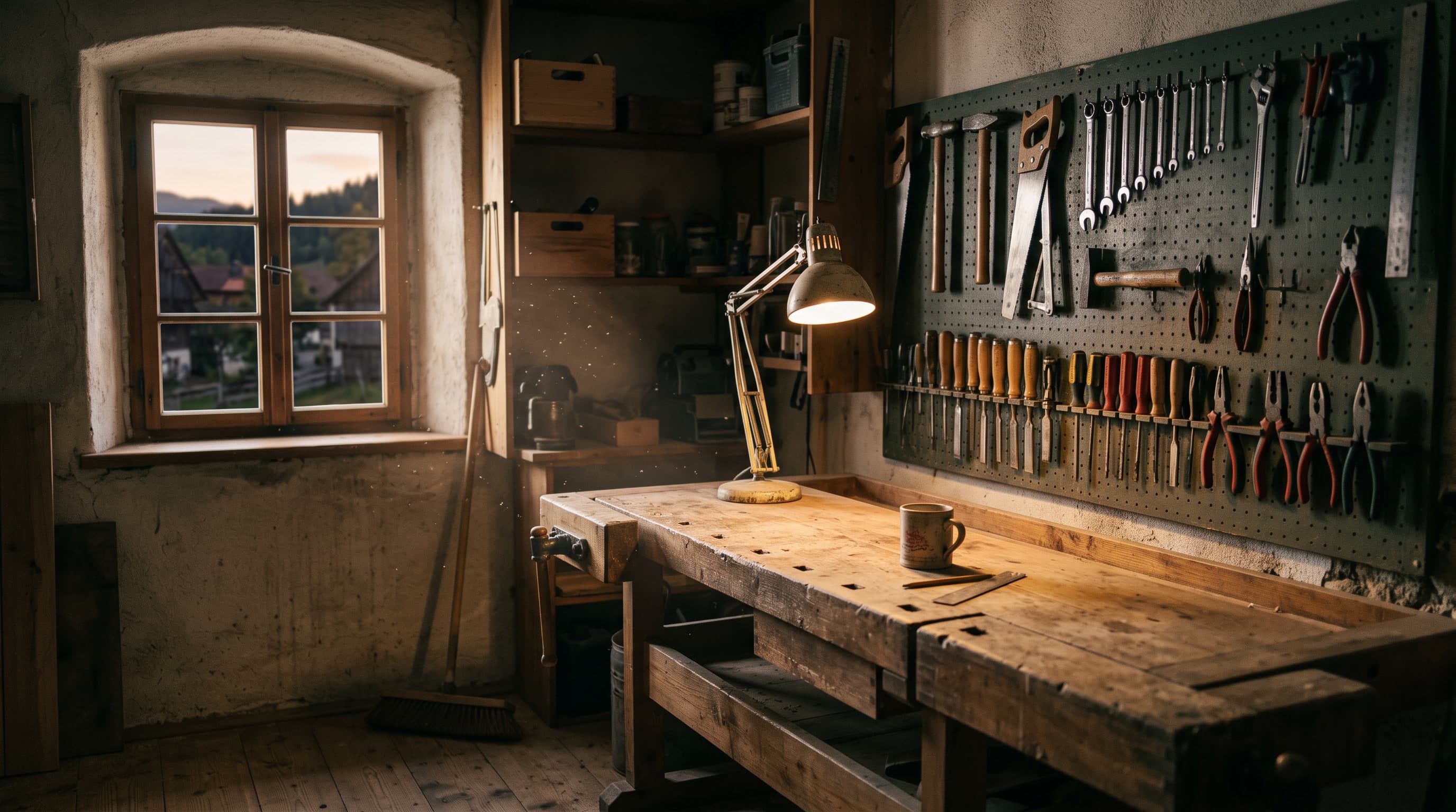 Eine aufgeräumte kleine Werkstatt am Ende des Arbeitstags, eine Lampe brennt noch.
