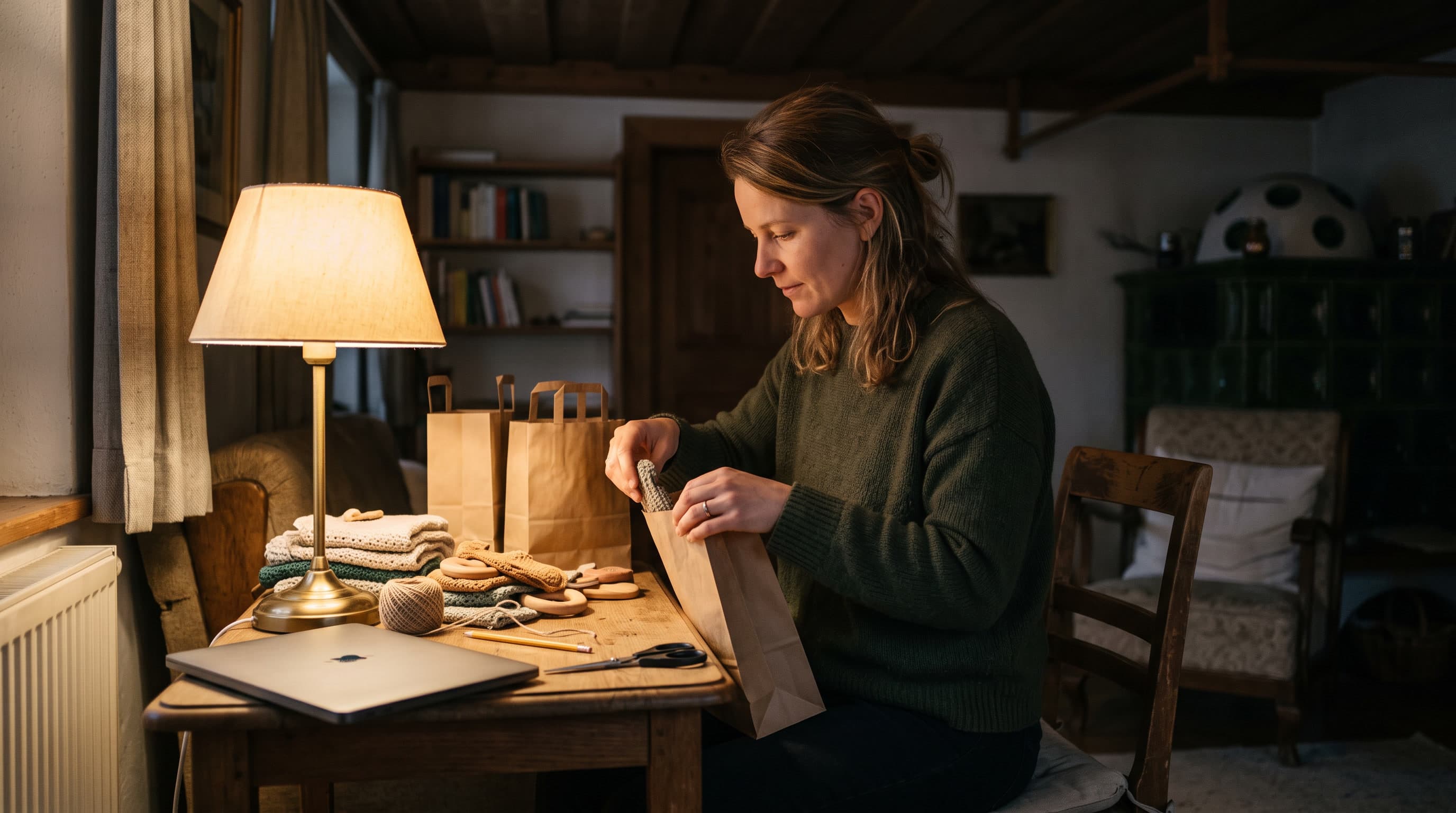 Eine Frau sortiert abends am Wohnzimmertisch Produkte in Papiertüten.