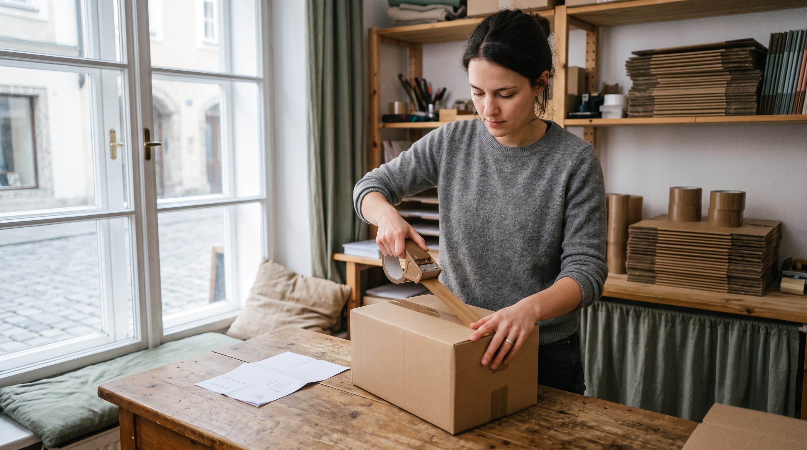 Eine Frau klebt an einem Werktisch ein Paket zu, daneben ein gefalteter Lieferschein.